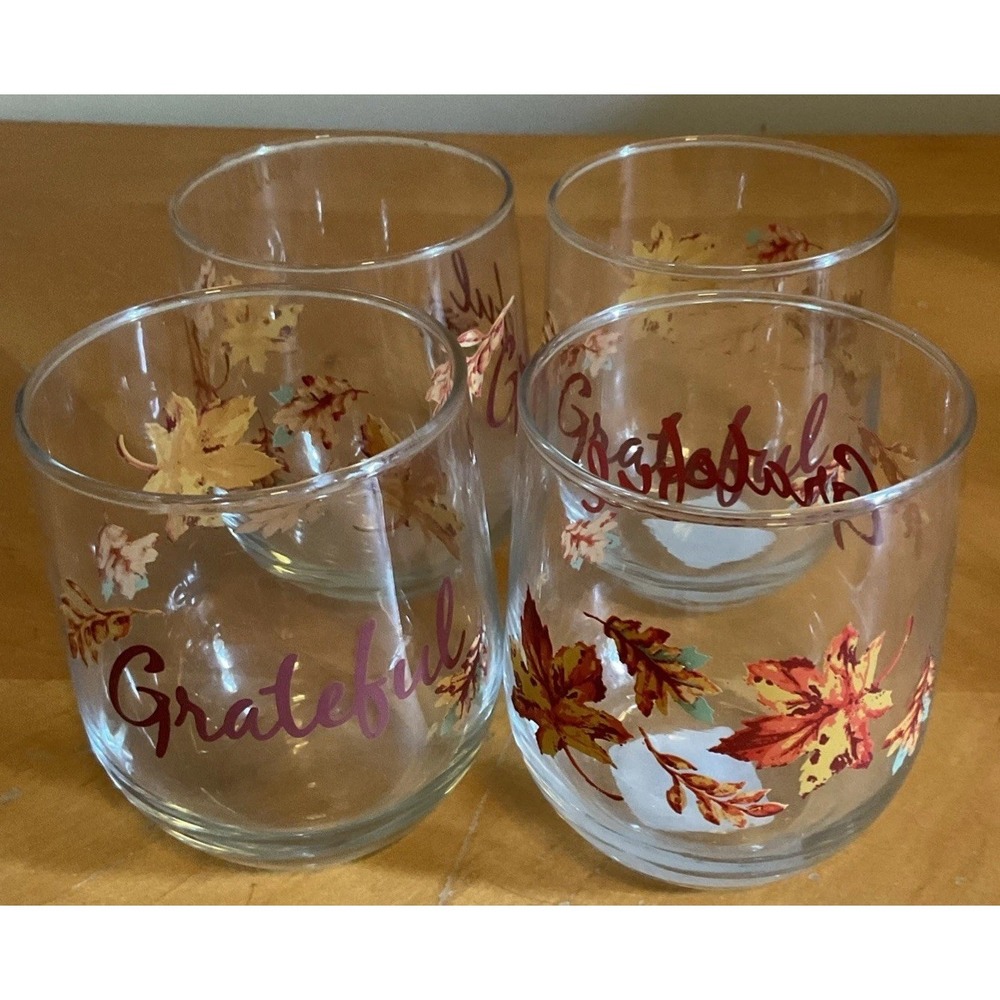 Stemless Wine Glasses Grateful 16.8 Oz Autumn Leaves Beverage , Set Of 4